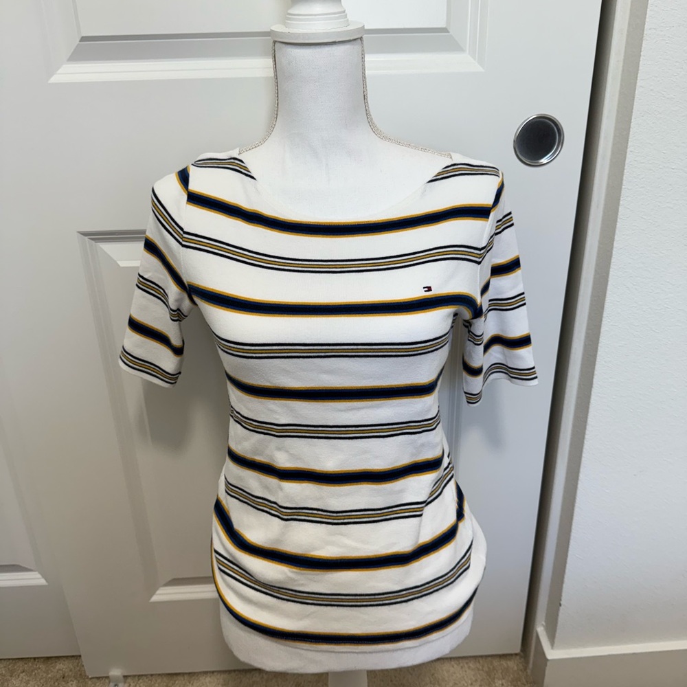 Tommy Hilfiger White and Navy Striped Short Sleeve Tee